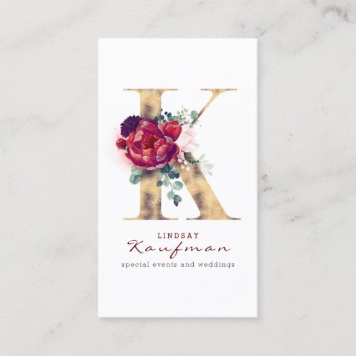 K Monogram Burgundy Red Florals and Gold Glitter Business Card
