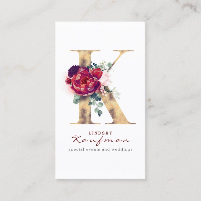 K Monogram Burgundy Red Florals and Gold Glitter Business Card (Front)