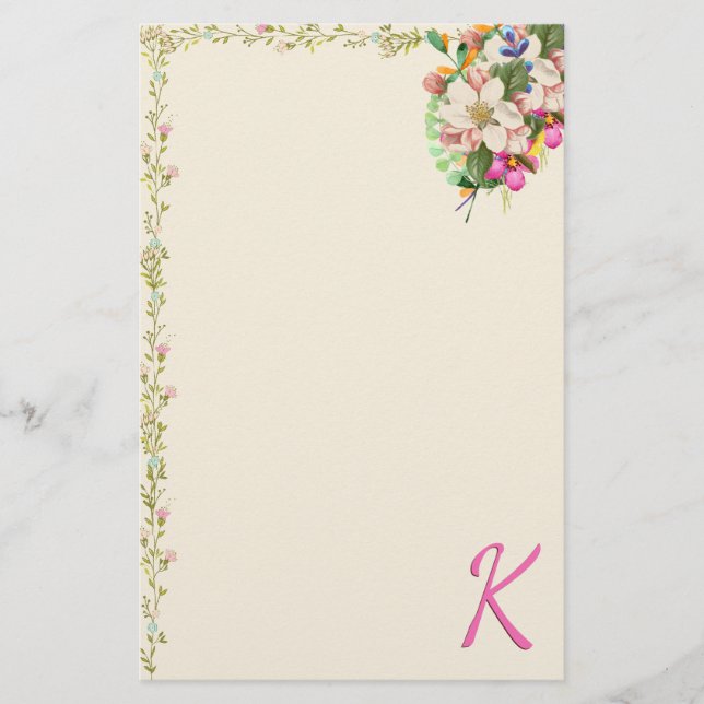 K Monogram Floral Bouquet Stationery (Front)