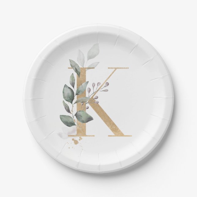 K Monogram Floral Paper Plates (Front)