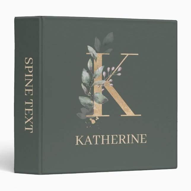 K Monogram Floral Personalized 3 Ring Binder (Front/Spine)