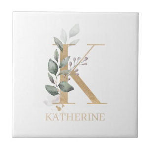 K Monogram Floral Personalized Ceramic Tile