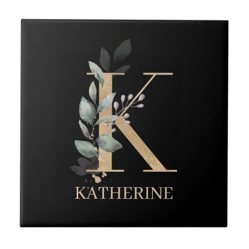 K Monogram Floral Personalized Ceramic Tile