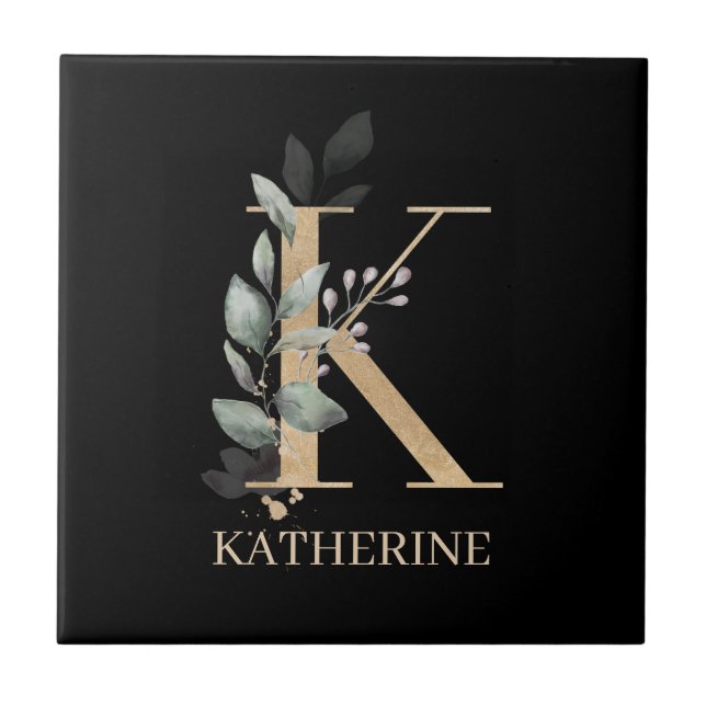 K Monogram Floral Personalized Ceramic Tile (Front)