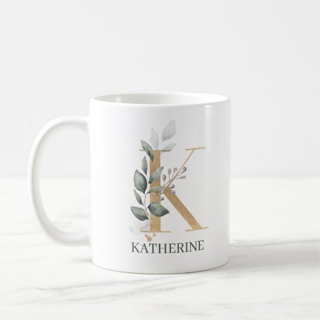 K Monogram Floral Personalized Coffee Mug (Left)