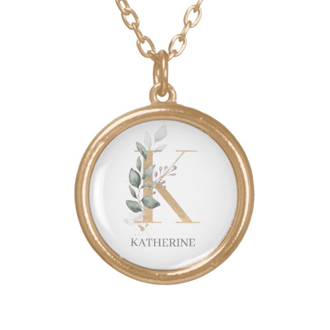 K Monogram Floral Personalized Gold Plated Necklace (Front)