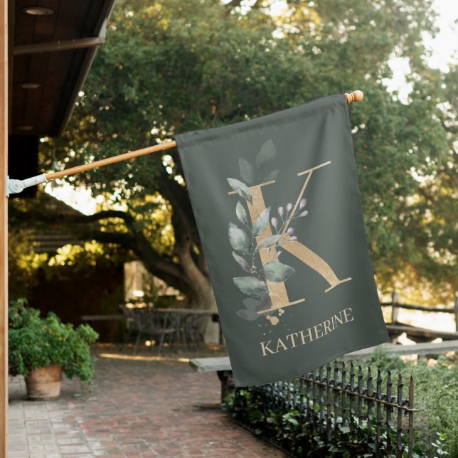 K Monogram Floral Personalized House Flag (In SItu)
