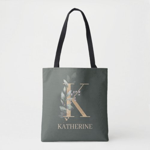 K Monogram Floral Personalized Tote Bag