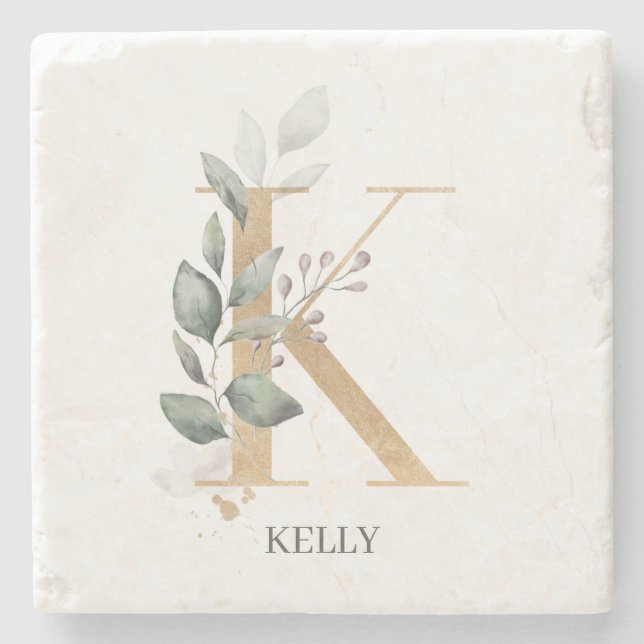 K Monogram Floral Stone Coaster (Front)