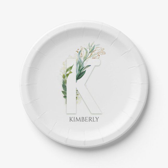 K Monogram Gold Greenery Leaves Elegant Name Paper Plates (Front)