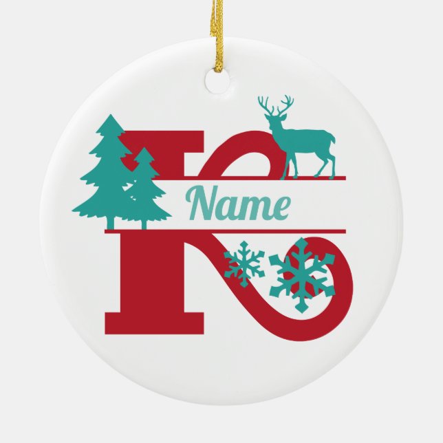 K Monogram Initial Christmas Holiday Tree Ornament (Back)