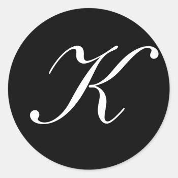 "k" Monogram Initial White On Black Classic Round Sticker by Virginia5050 at Zazzle