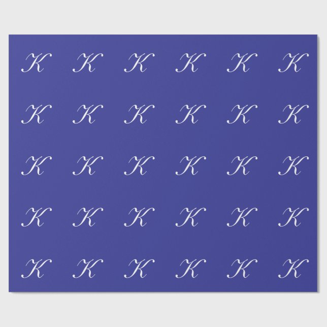 "K" Monogram Initial White on Blue Wrapping Paper (Flat)