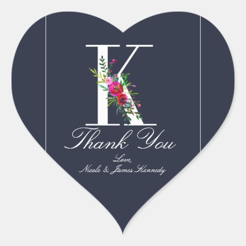 K Monogram Last Initial Modern Blue Floral Wedding Heart Sticker