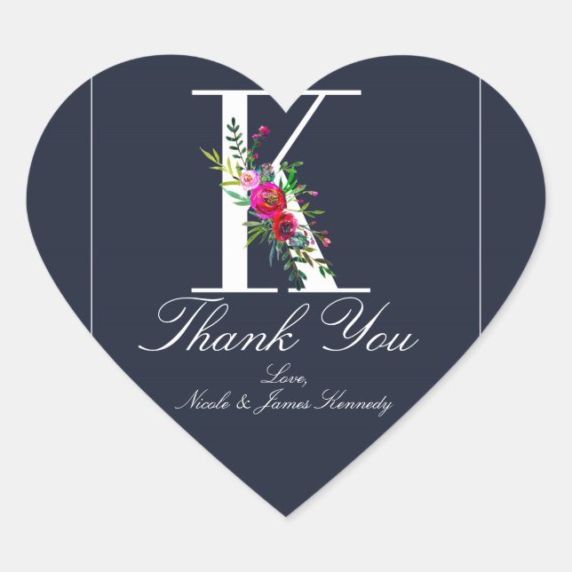 K Monogram Last Initial Modern Blue Floral Wedding Heart Sticker (Front)