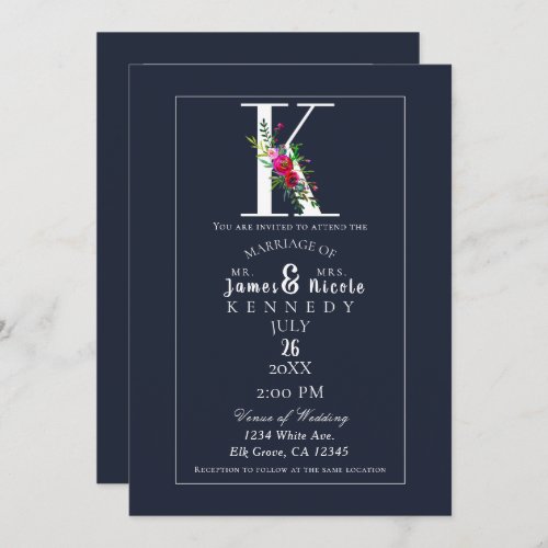 K Monogram Last Initial Modern Blue Floral Wedding Invitation