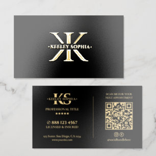 K Monogram Logo Elegant Black Gold Foil Business Cards