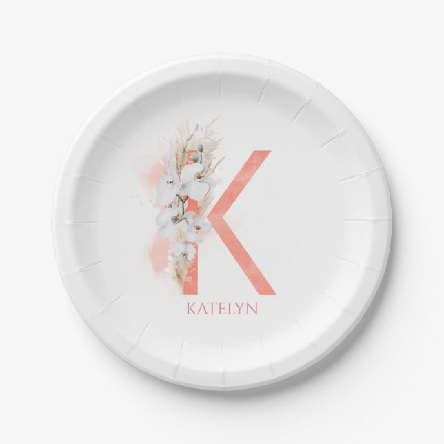 K Monogram Name Pampas Grass White Orchids Paper Plates (Front)