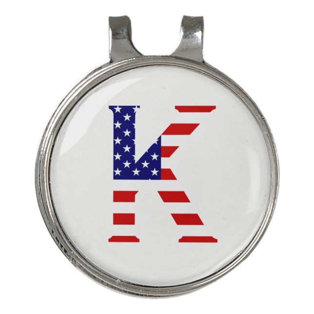 K Monogram overlaid on USA Flag hccnt Golf Hat Clip (Front)