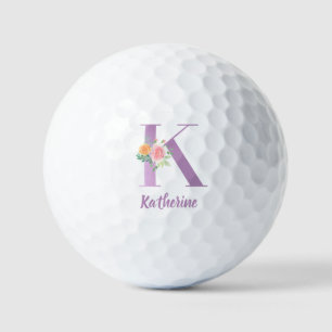 K Monogram Purple Floral Watercolor Personalized Golf Balls