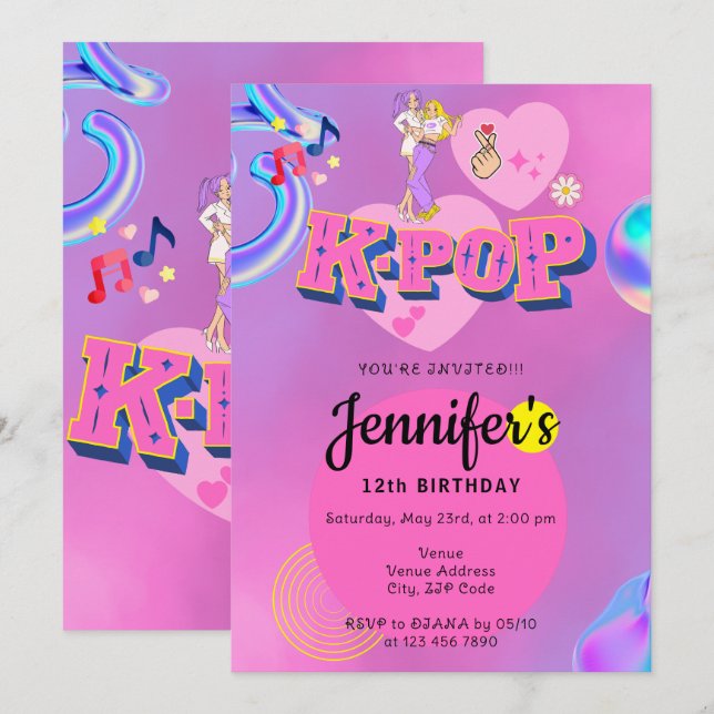 K-Pop Music Star Korean Pop Theme Birthday Party Invitation | Zazzle