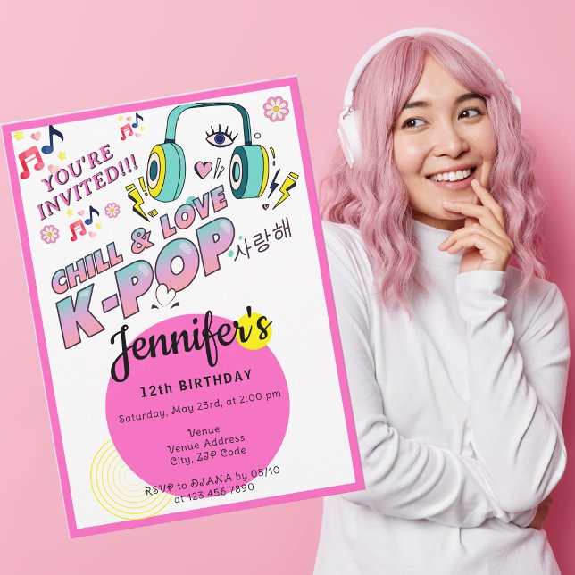 K-Pop Music Star  Korean Pop Theme Birthday Party Invitation (Chill & Love Teen Tween Girl Korean Music Pop Star K-Pop Karaoke Birthday Party )