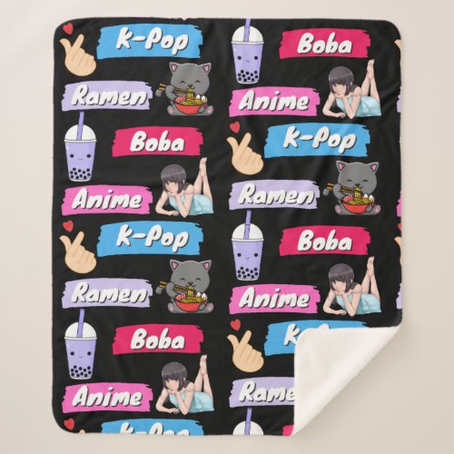 K_Pop Ramen Boba and Anime K_Drama Pattern  Sherpa Blanket