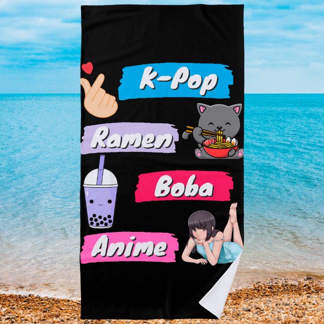 K-Pop, Ramen, Boba and Anime Pop Culture Fan   Beach Towel (Creator Uploaded)