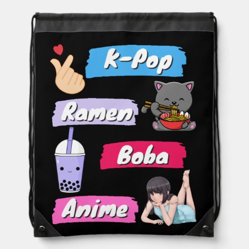 K_Pop Ramen Boba and Anime Pop Culture Fan     Drawstring Bag