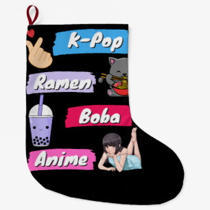 K-Pop, Ramen, Boba and Anime Pop Culture Fan  Large Christmas Stocking
