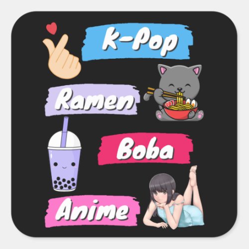 K_Pop Ramen Boba and Anime Pop Culture Fan   Square Sticker