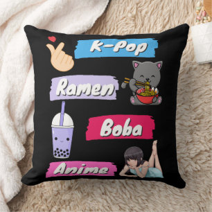 K-Pop, Ramen, Boba and Anime Pop Culture Fan   Throw Pillow