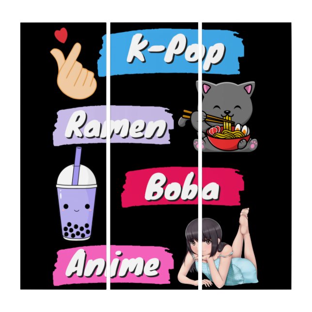 K-Pop, Ramen, Boba and Anime Pop Culture Fan   Triptych (Front)