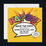 KA-POW Save the Date Fun Retro Comic Book Pop Art<br><div class="desc">Personalise with your names and details to announce the date of your special event. Comic book pop art themed modern, fun retro design, perfect for weddings, bridal showers, baby showers, baptisms, engagement parties, anniversary celebrations, graduations, birthday party and other special events throughout the year! A cool, trendy and fun design...</div>