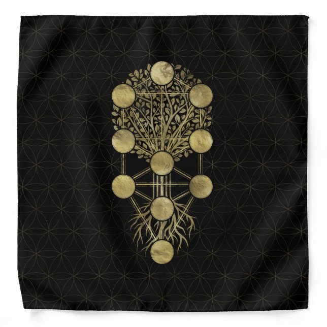 Kabbalah The Tree of Life Gold on Black Bandana (Front)