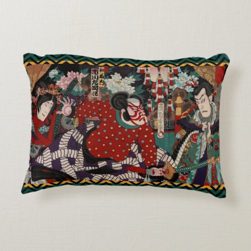 Kabuki Samurai Warriors Woodblock Accent Pillow