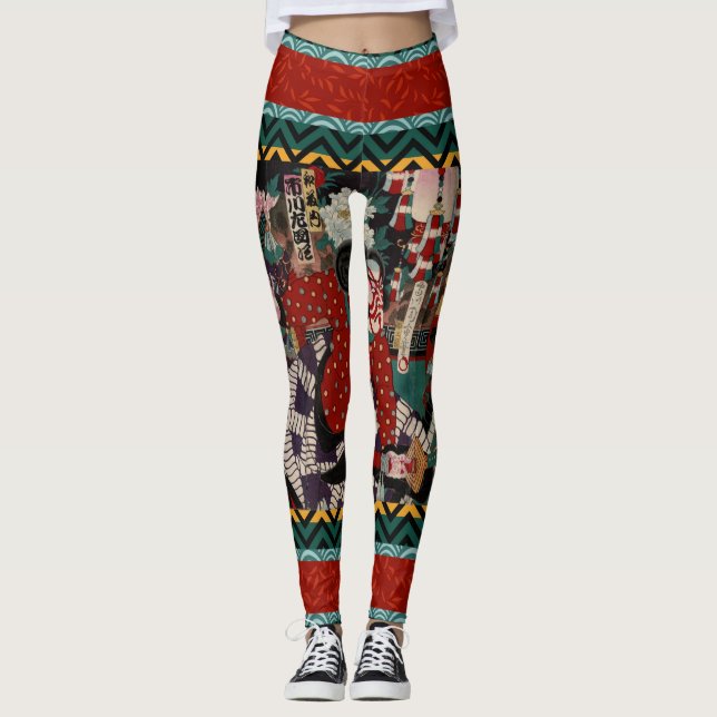 Kabuki Samurai Warriors Woodblock Leggings (Front)