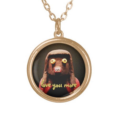 Kachina Doll Face Photo Love You More Script Cute Gold Plated Necklace