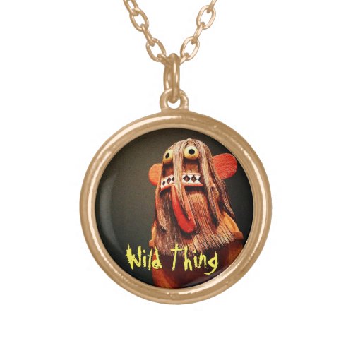 Kachina Doll Face Photo Wild Thing Typography Gold Plated Necklace