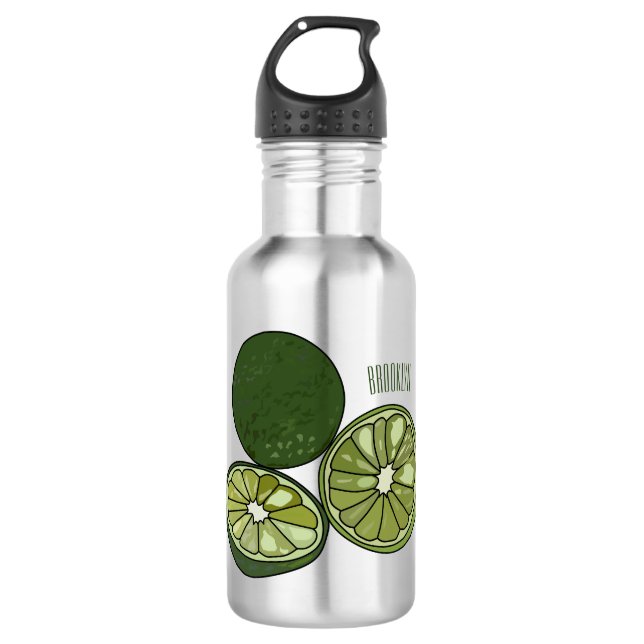 Kaffir lime cartoon illustration stainless steel water bottle (Front)