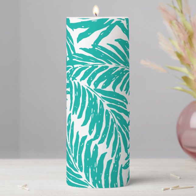 Kahanu Garden Hawaiian Palm Leaves - Teal Pillar Candle (In Situ)