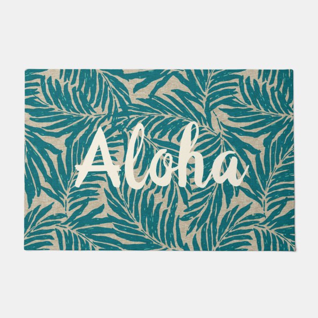 Kahanu Palms Hawaiian Faux Linen Texture Aloha Doormat (Front)