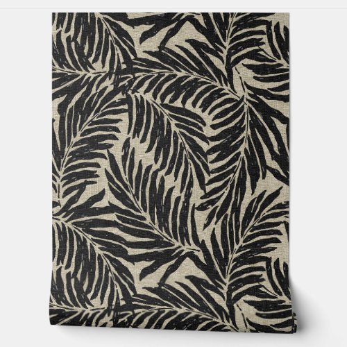 Kahanu Palms Hawaiian Faux Linen Texture_ Black Wallpaper