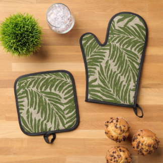 Kahanu Palms Hawaiian Faux Linen Texture Olive Oven Mitt & Pot Holder Set