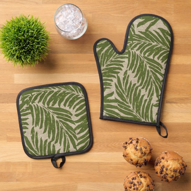 Kahanu Palms Hawaiian Faux Linen Texture Olive Oven Mitt & Pot Holder Set (Top Down)