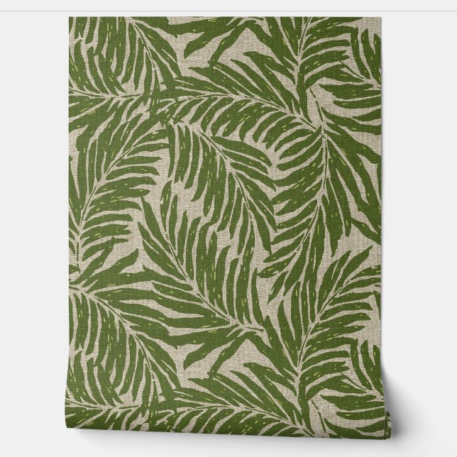 Kahanu Palms Hawaiian Faux Linen Texture- Olive Wallpaper (Unrolling)