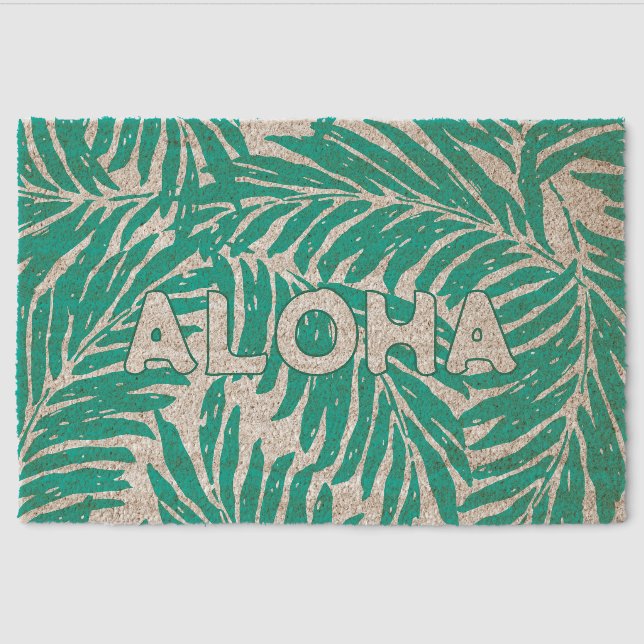 Kahanu Palms Hawaiian Leaf- Teal Fiber Doormat (Front)