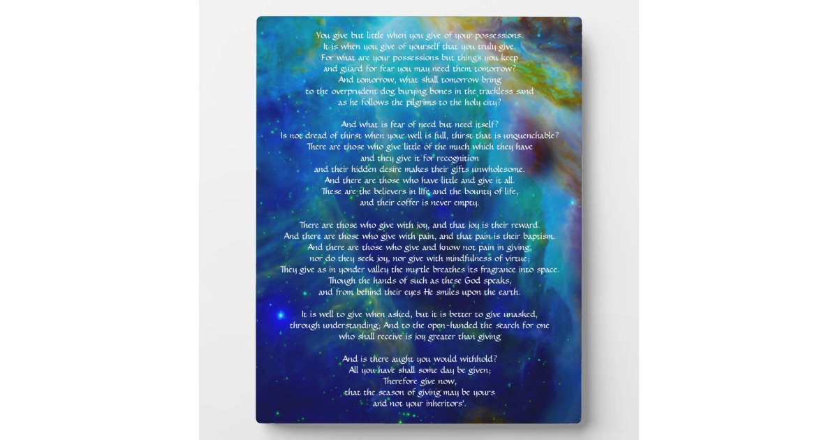 Kahlil Gibran on giving Plaque Zazzle
