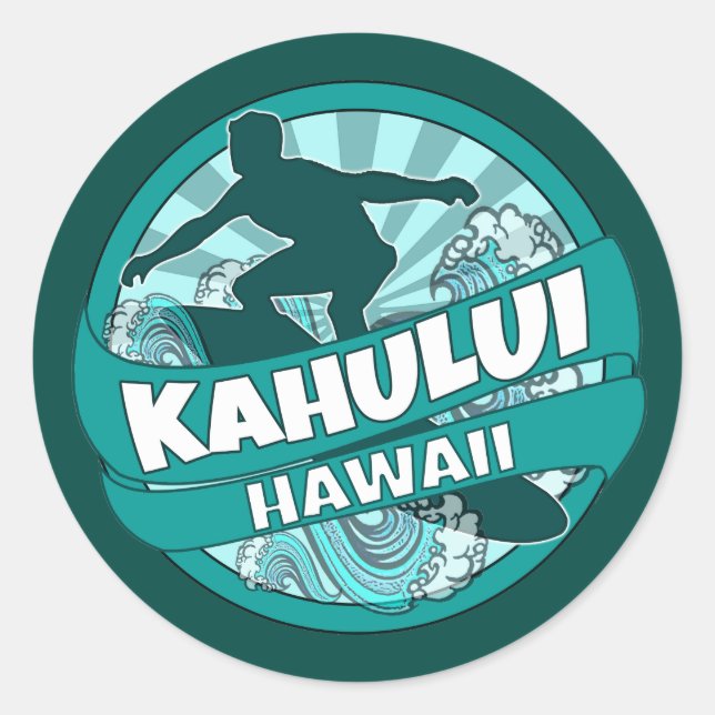 Kahului Hawaii teal surfer logo stickers (Front)