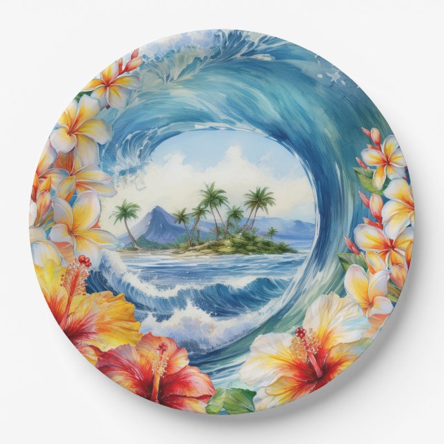 Kai Aloha Hibiscus Watercolor Wave  Paper Plates (Front)